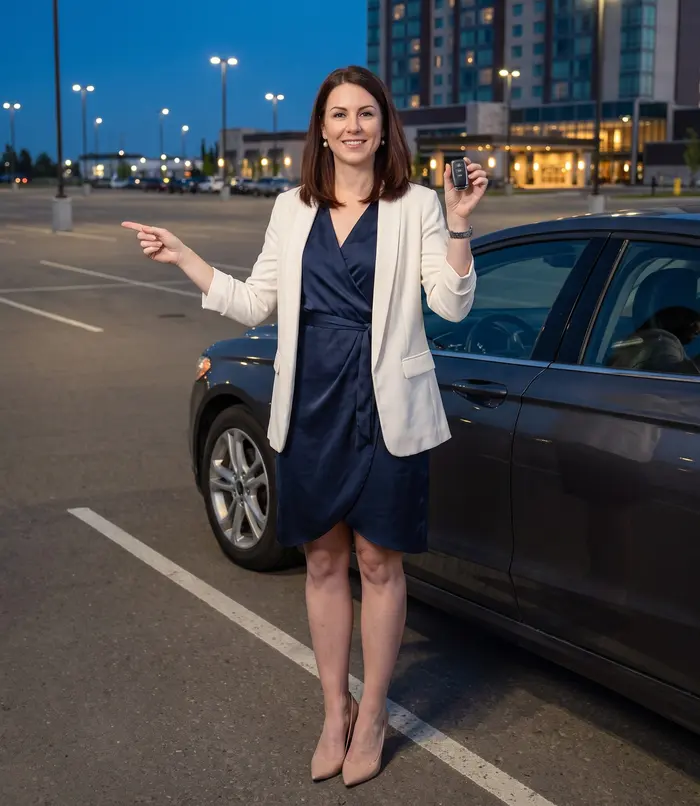 Audrey Kessler stands by a car in a hotel parking lot at dusk, holding a key fob and pointing toward the directions tool. Character created for the guide; AI-generated image.
