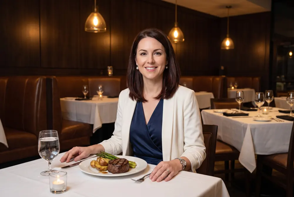 Audrey Kessler at a set table in a steakhouse dining room with a steak dinner and a glass of water. Character created for the guide; AI-generated image.