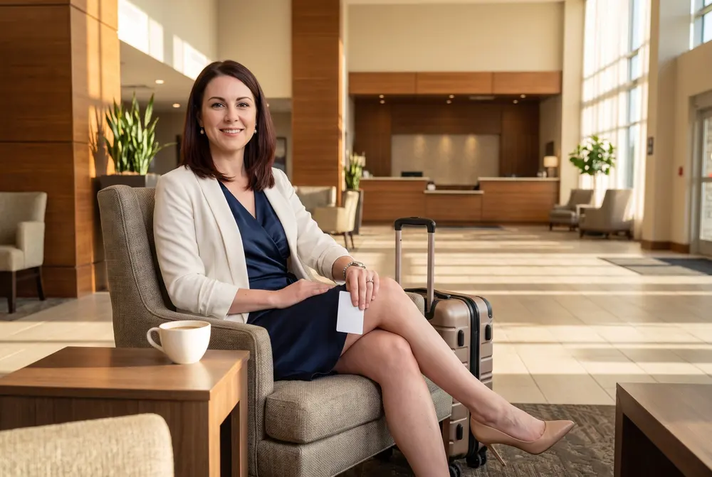 Audrey Kessler sits in a hotel lobby armchair with a key card and a small suitcase. Character created for the guide; AI-generated image.